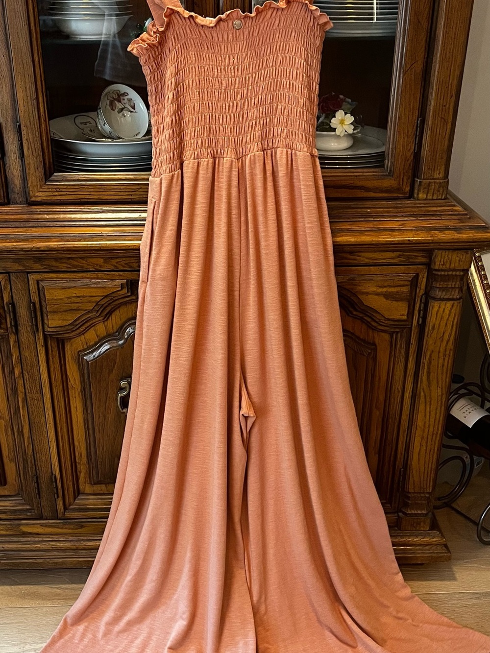 ROXY Jumpsuit Maxi Wide-Leg Smocked Bodice Straps Coral Sand Extra Small
